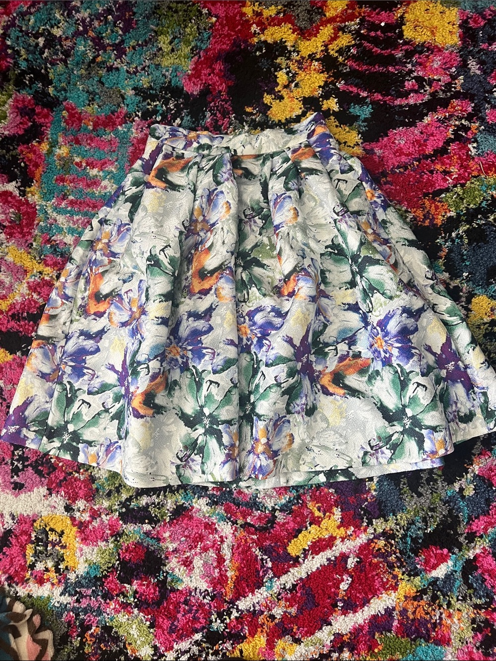 H&M Floral Skirt in White with Green, Purple & Orange Accents